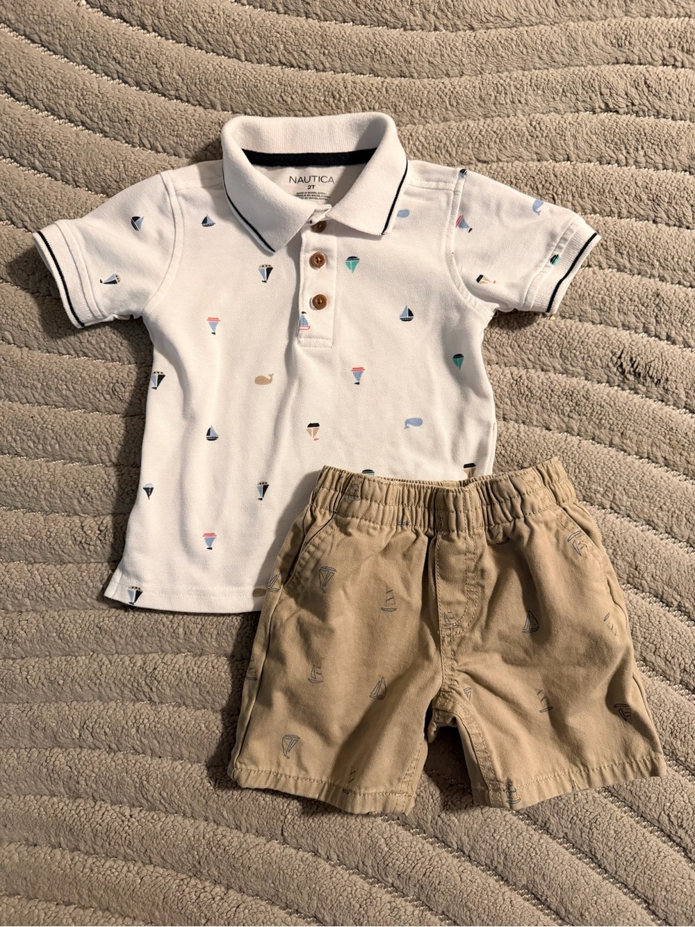 Nautica White Polo with Nautical Print & Tan Shorts Set